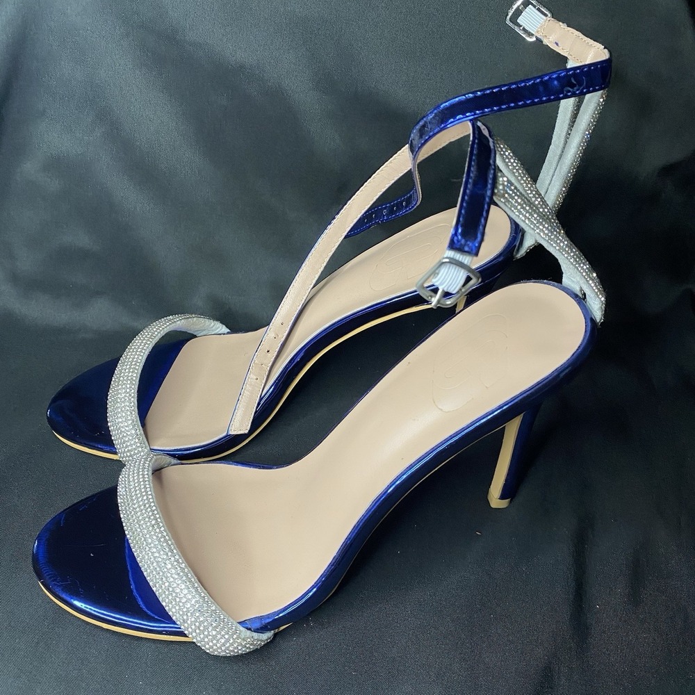 Metallic Blue Patent Rhinestone Cross Strap Stiletto Sandal Heels Sz 9 - Picture 3 of 9